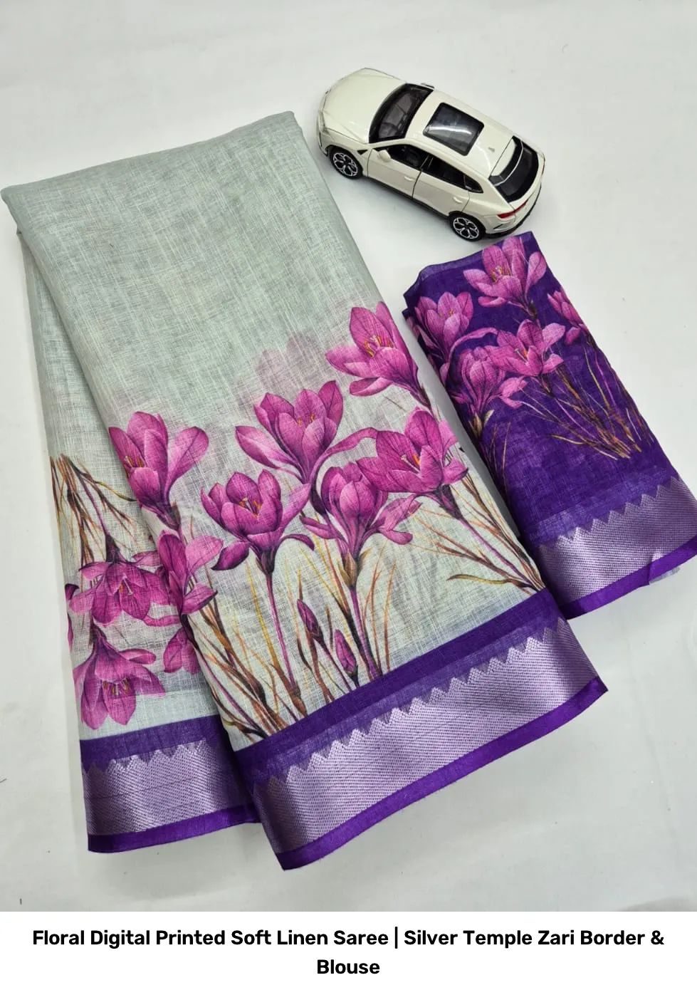 Floral Digital Printed Soft Linen Saree | Silver Temple Zari Border & Blouse 21