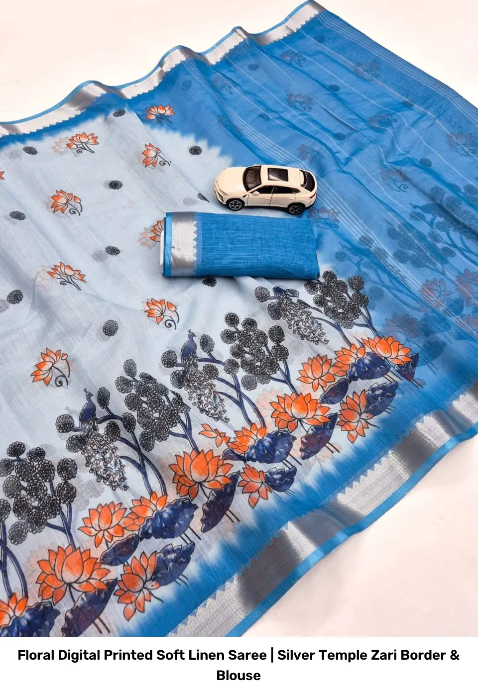 Floral Digital Printed Soft Linen Saree | Silver Temple Zari Border & Blouse 3