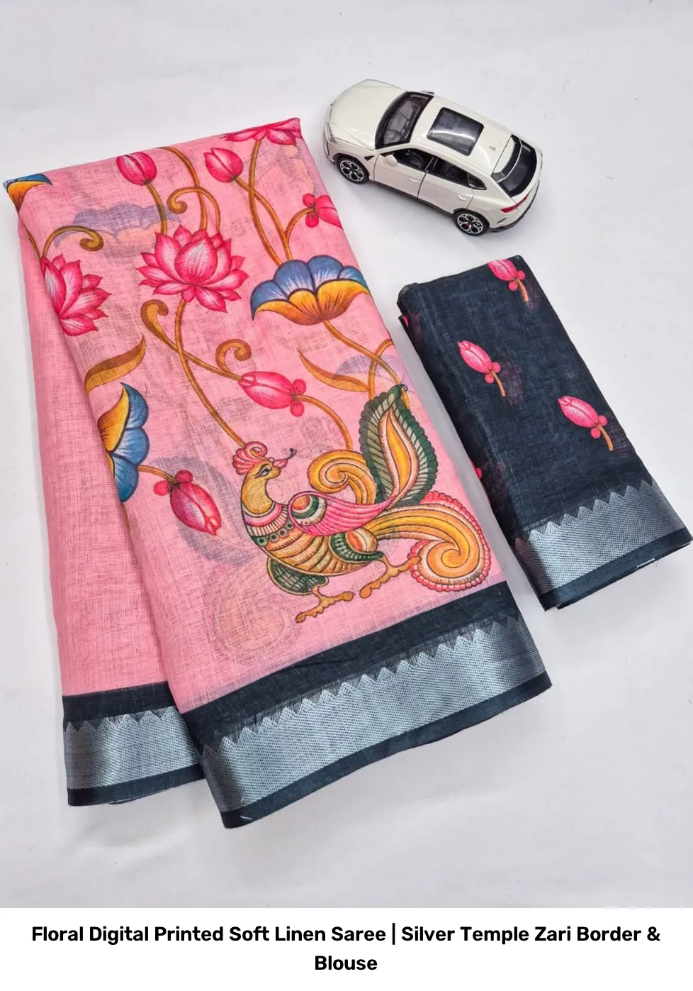 Floral Digital Printed Soft Linen Saree | Silver Temple Zari Border & Blouse 4