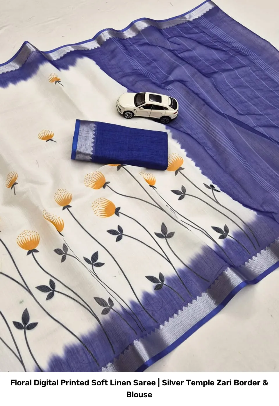 Floral Digital Printed Soft Linen Saree | Silver Temple Zari Border & Blouse 5