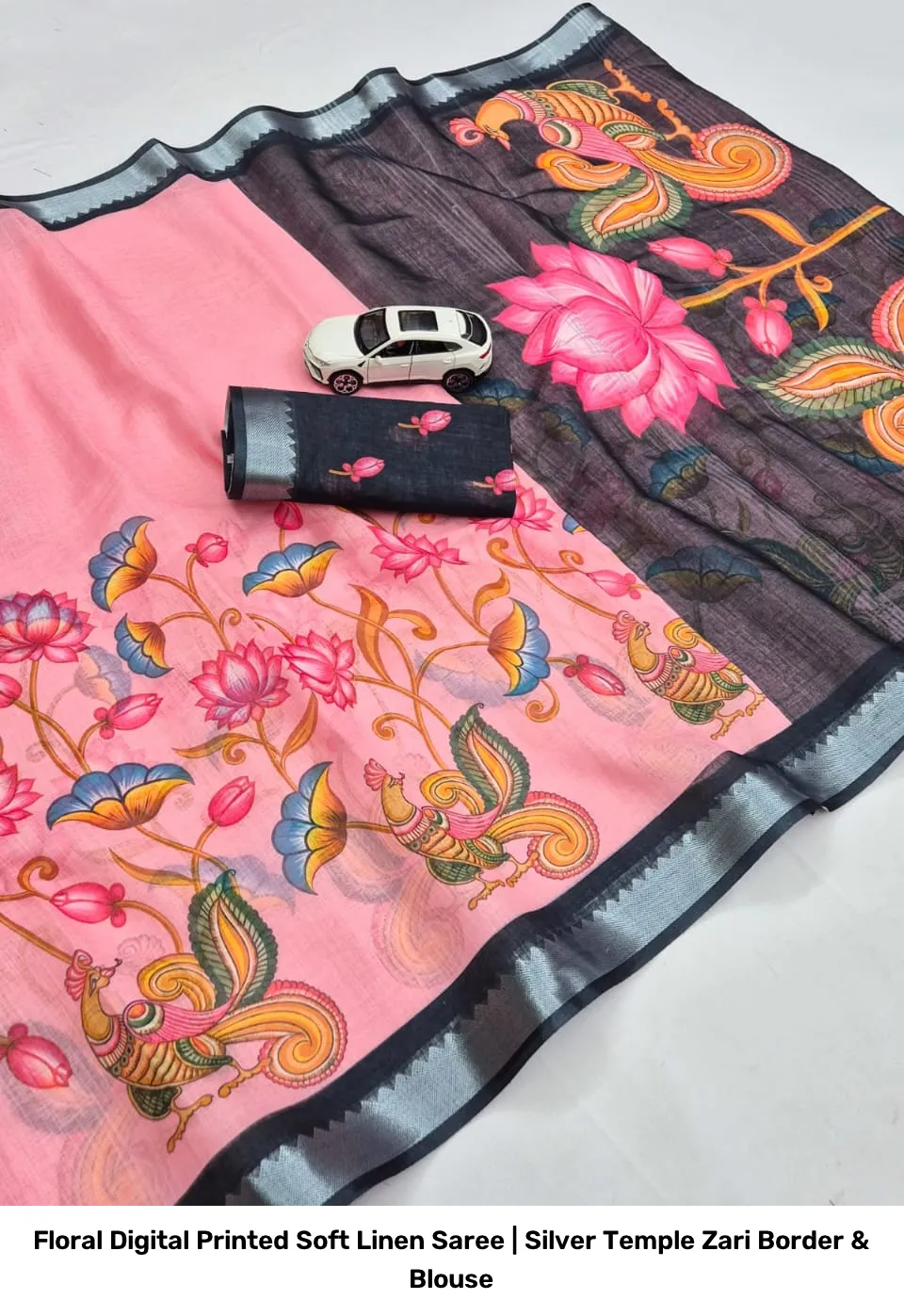 Floral Digital Printed Soft Linen Saree | Silver Temple Zari Border & Blouse 6