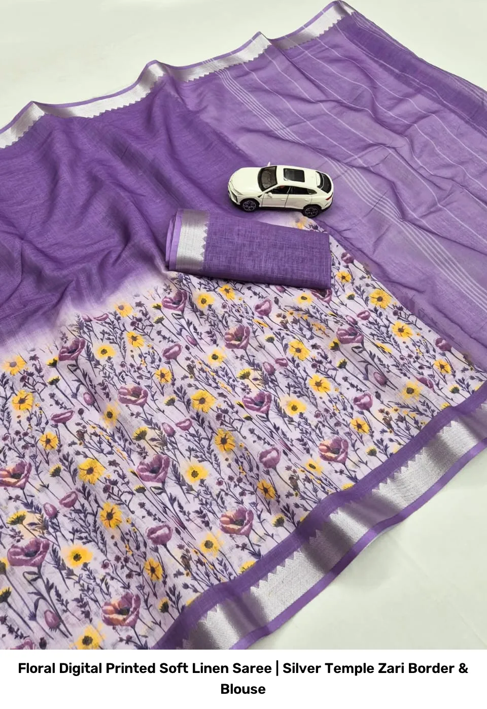 Floral Digital Printed Soft Linen Saree | Silver Temple Zari Border & Blouse 7