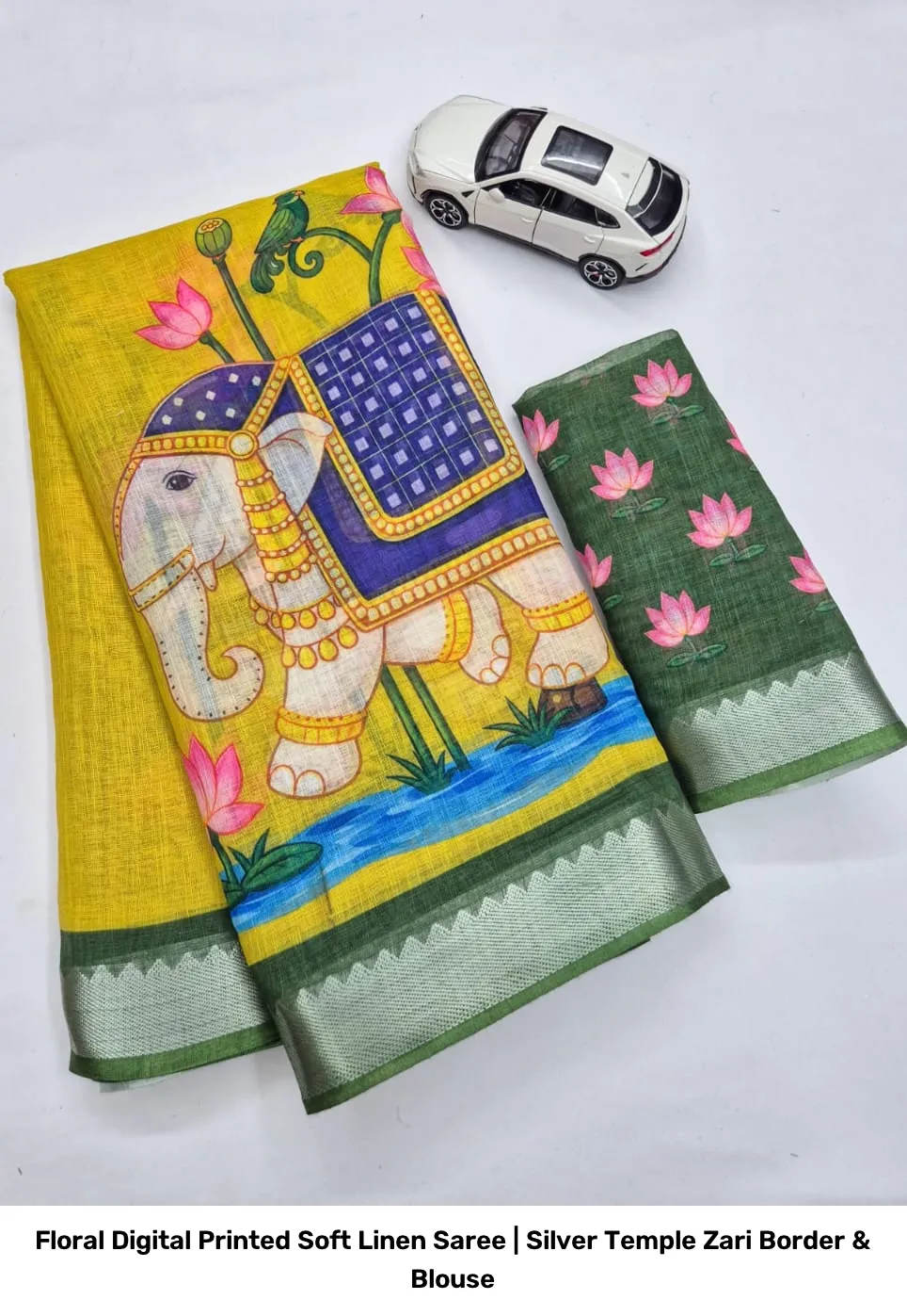Floral Digital Printed Soft Linen Saree | Silver Temple Zari Border & Blouse 8