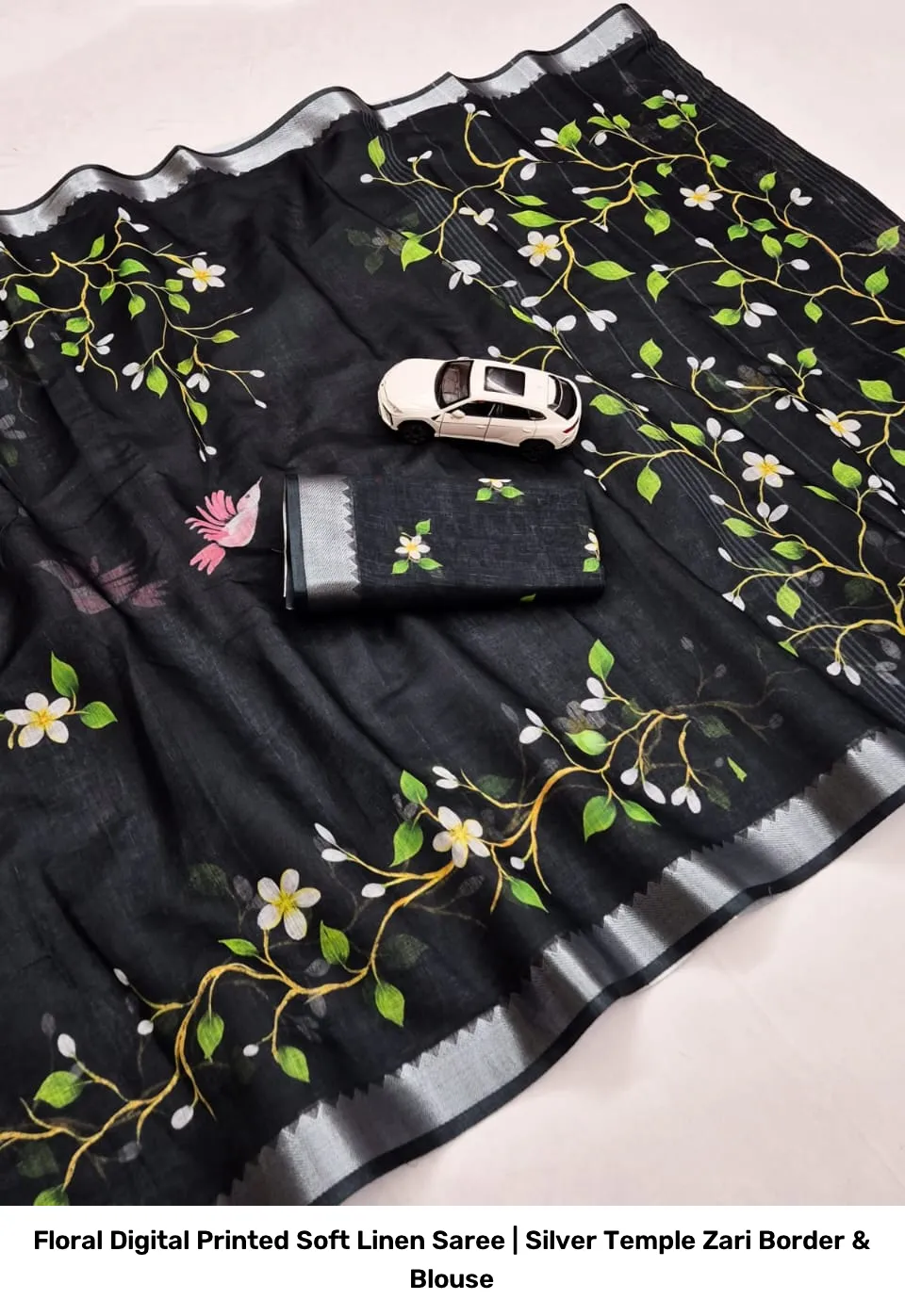 Floral Digital Printed Soft Linen Saree | Silver Temple Zari Border & Blouse 9