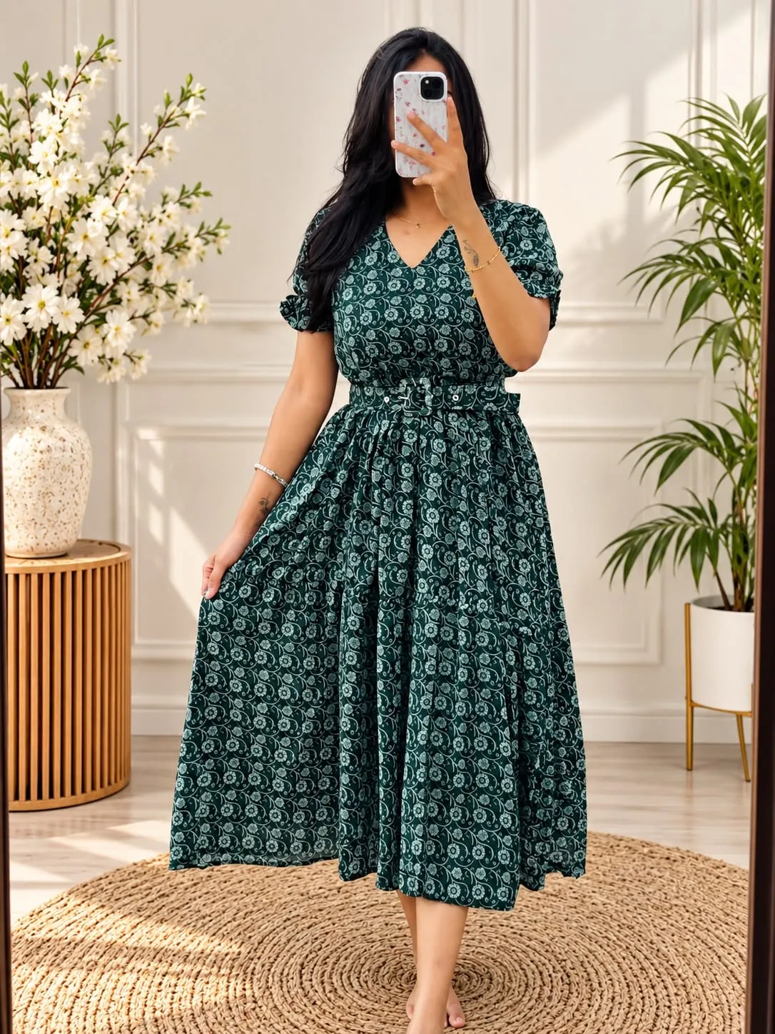 Floral Georgette Belted Dress for Women | V-Neck Tiered Summer Dress