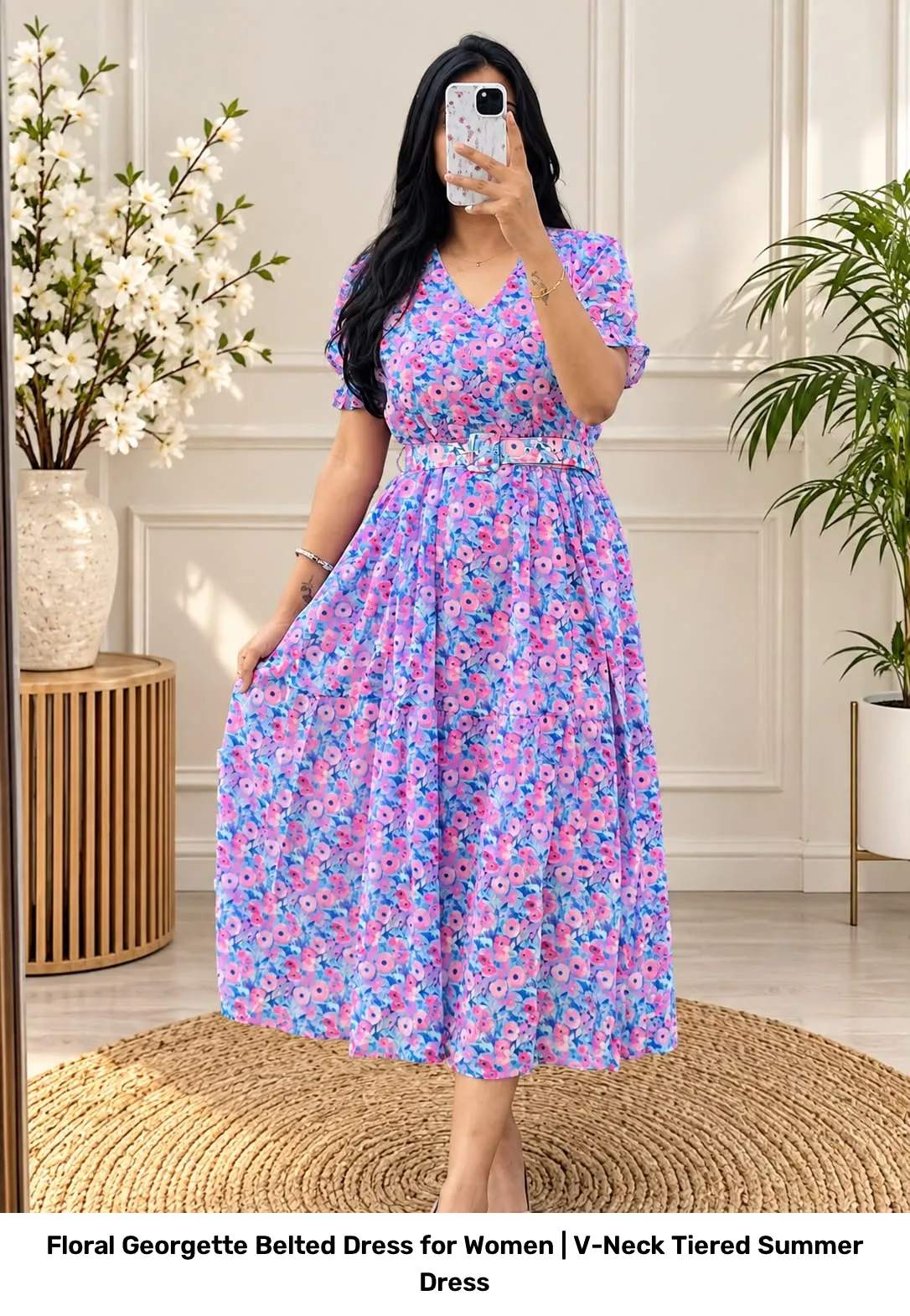 Floral Georgette Belted Dress for Women | V-Neck Tiered Summer Dress 2