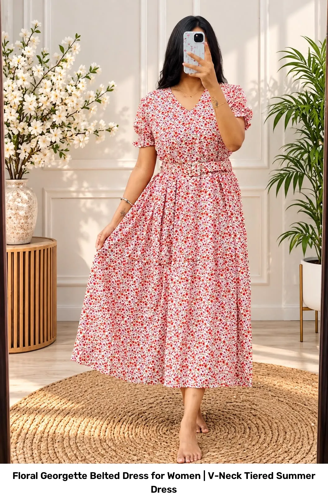 Floral Georgette Belted Dress for Women | V-Neck Tiered Summer Dress 3