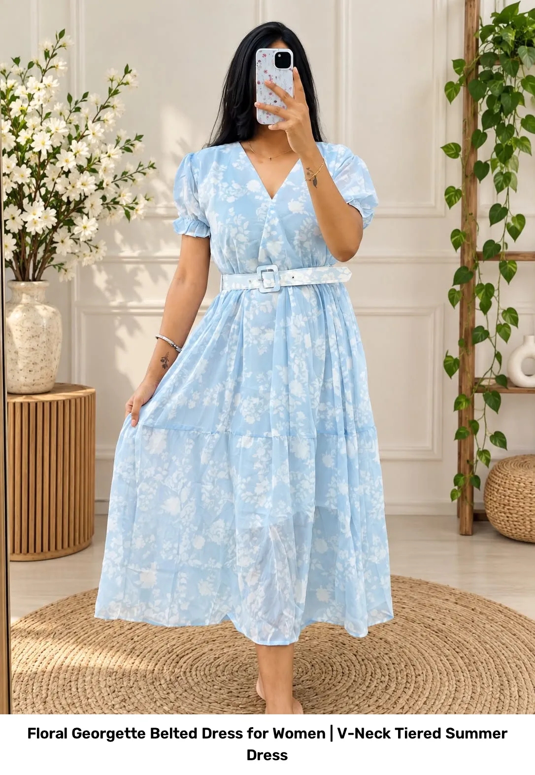 Floral Georgette Belted Dress for Women | V-Neck Tiered Summer Dress 4