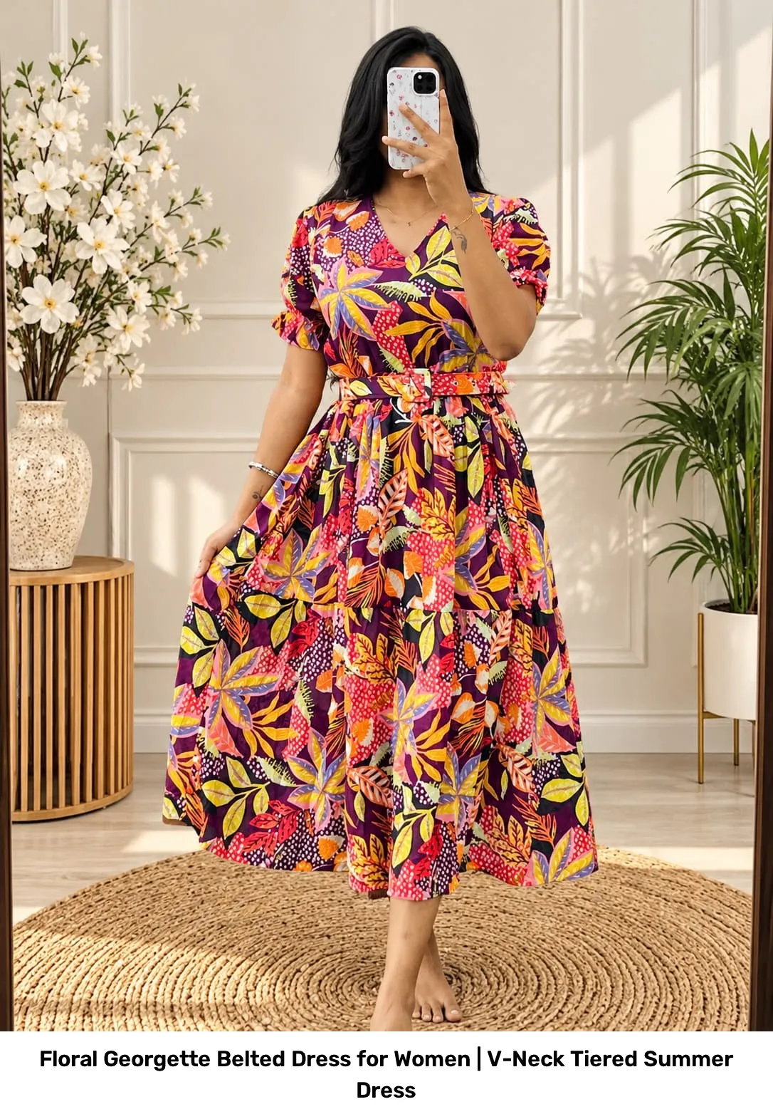 Floral Georgette Belted Dress for Women | V-Neck Tiered Summer Dress 5