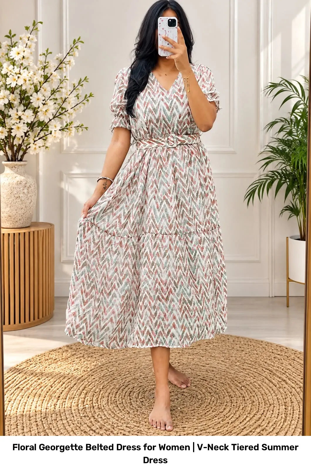 Floral Georgette Belted Dress for Women | V-Neck Tiered Summer Dress 6