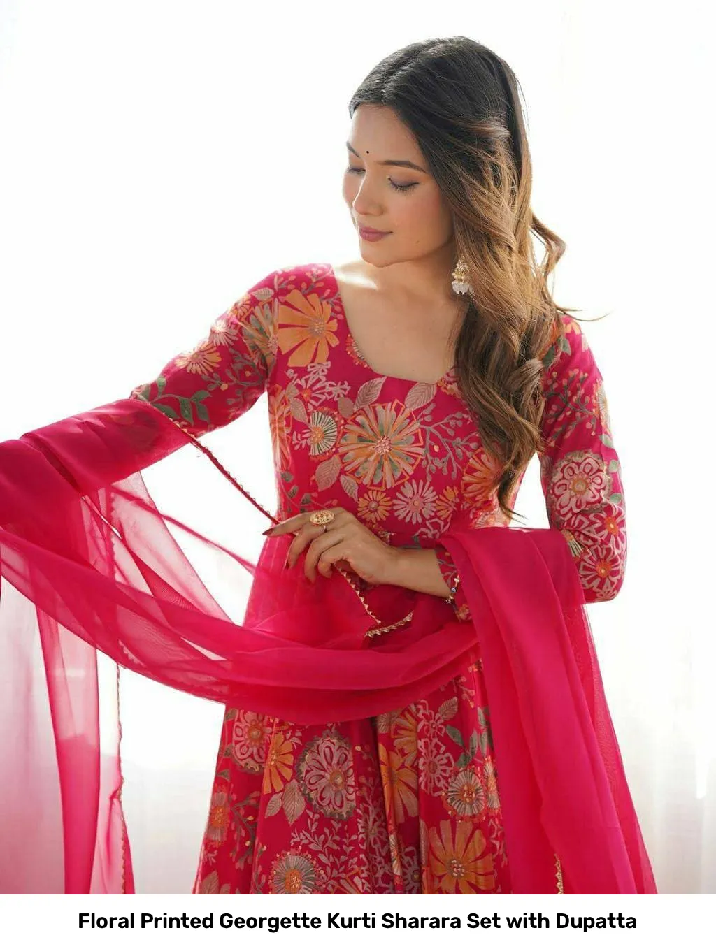 Floral Printed Georgette Kurti Sharara Set with Dupatta 10
