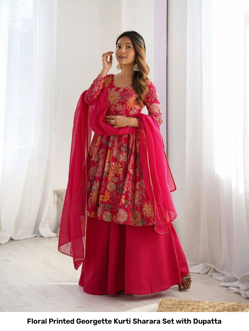 Floral Printed Georgette Kurti Sharara Set with Dupatta 11