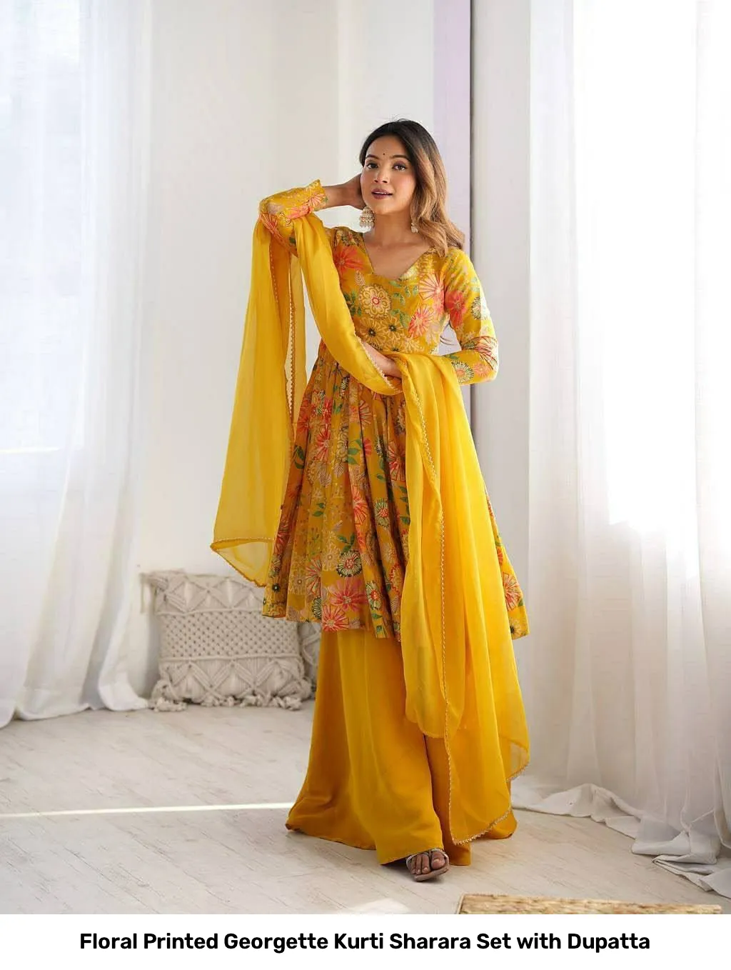 Floral Printed Georgette Kurti Sharara Set with Dupatta 12