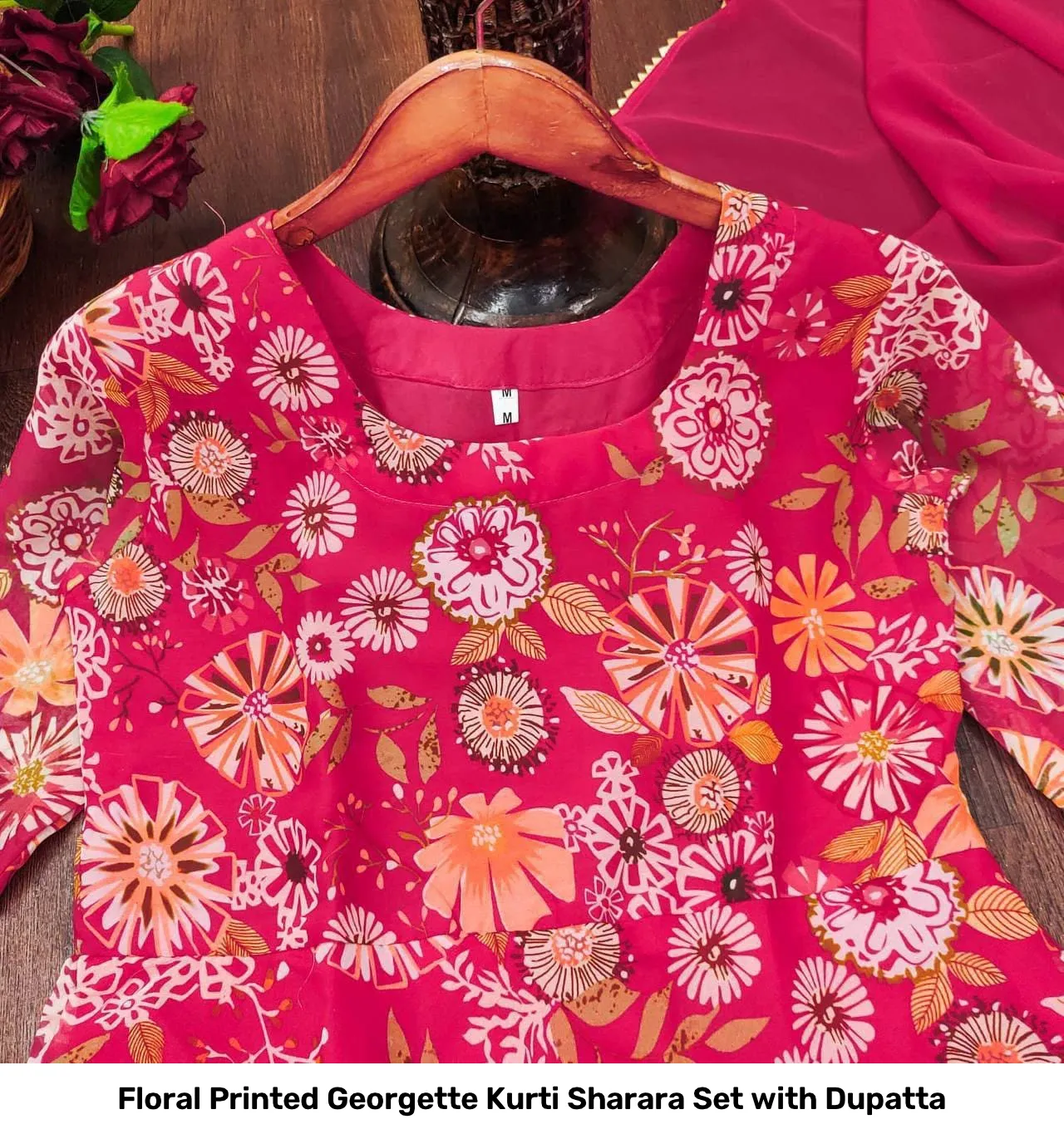 Floral Printed Georgette Kurti Sharara Set with Dupatta 13