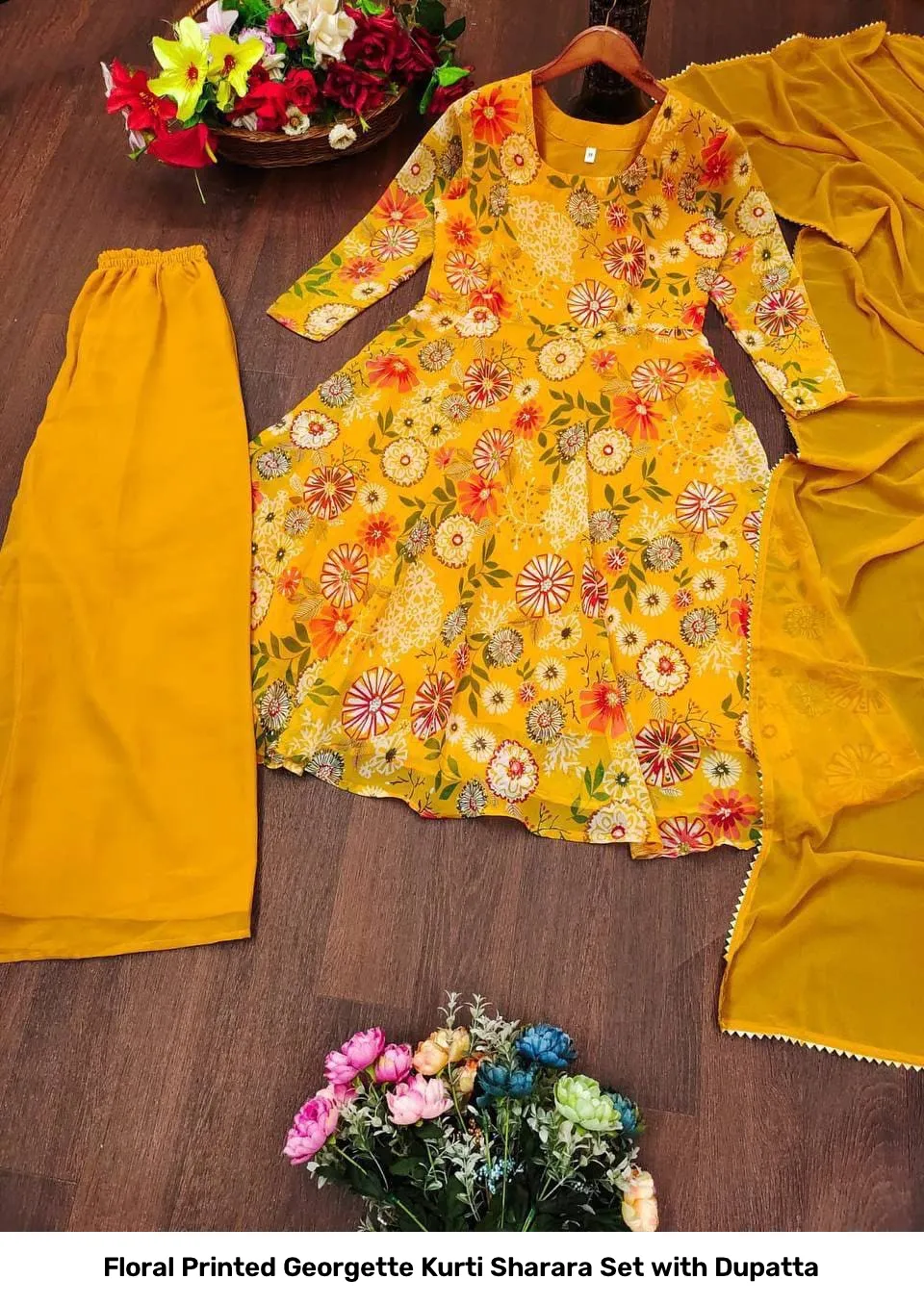 Floral Printed Georgette Kurti Sharara Set with Dupatta 15