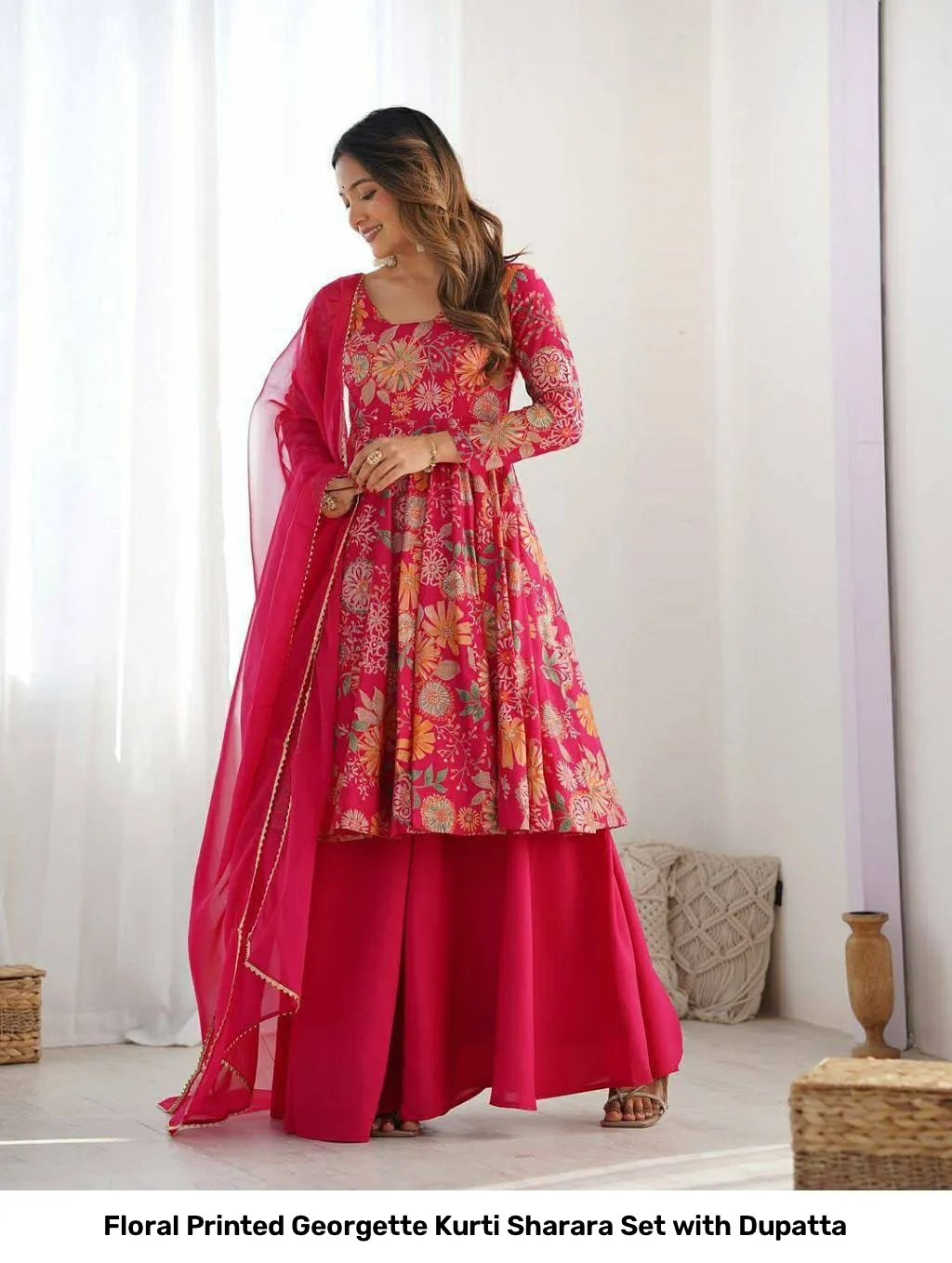 Floral Printed Georgette Kurti Sharara Set with Dupatta 2