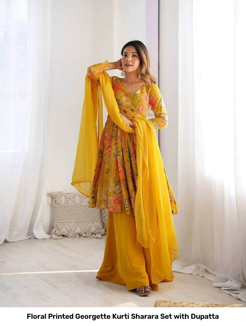 Floral Printed Georgette Kurti Sharara Set with Dupatta 3