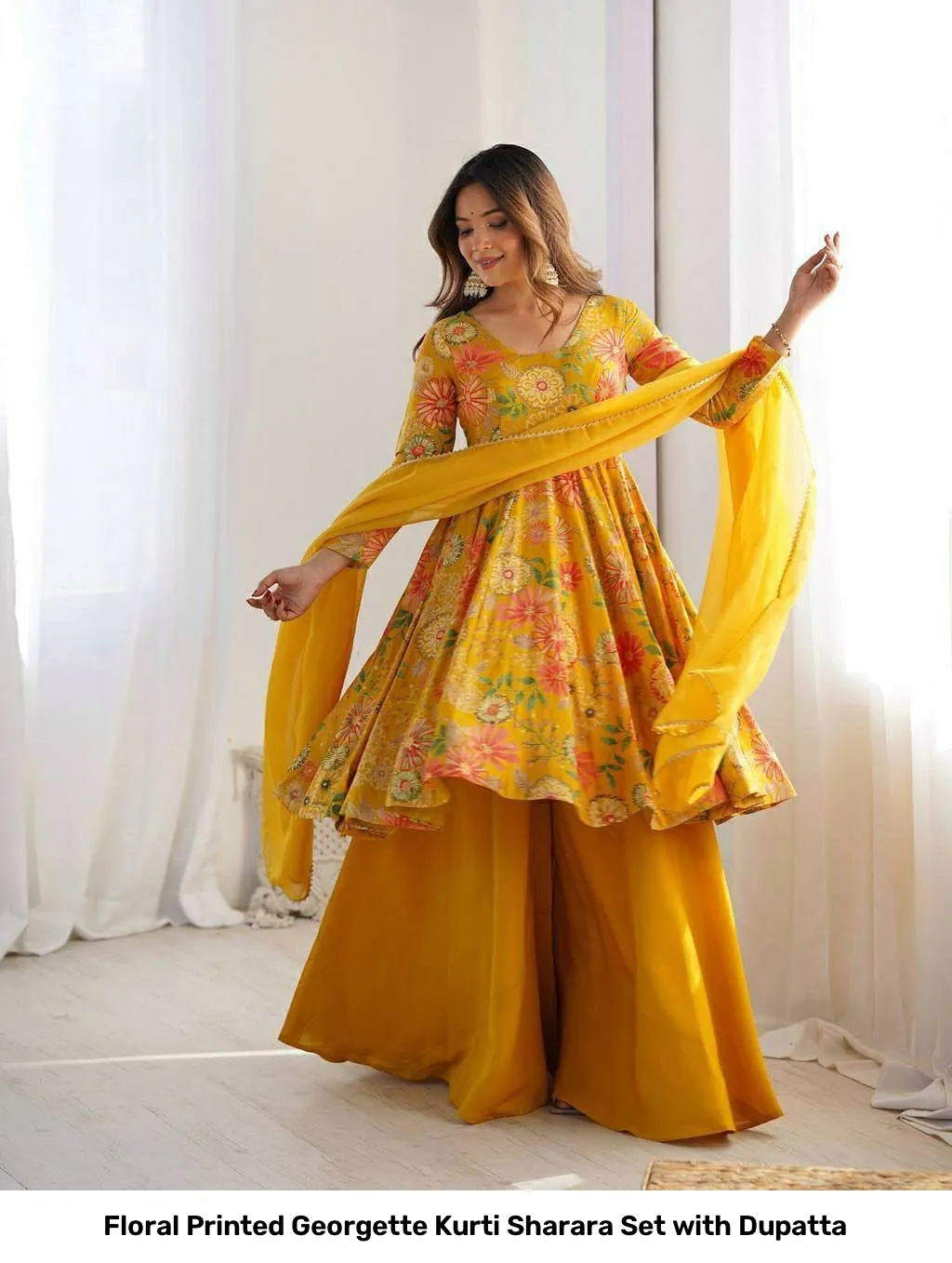 Floral Printed Georgette Kurti Sharara Set with Dupatta 4