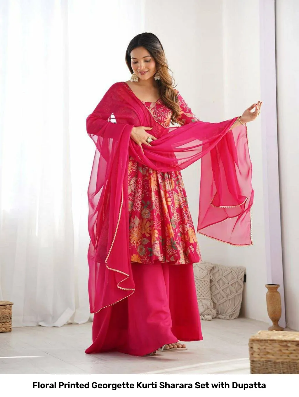 Floral Printed Georgette Kurti Sharara Set with Dupatta 5