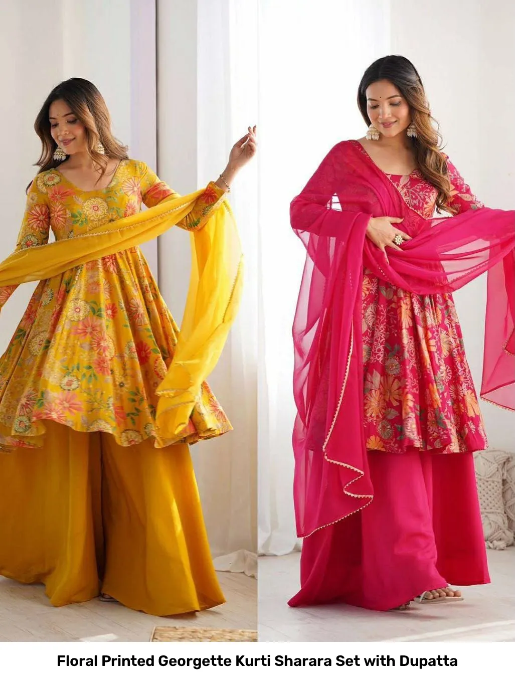 Floral Printed Georgette Kurti Sharara Set with Dupatta 6