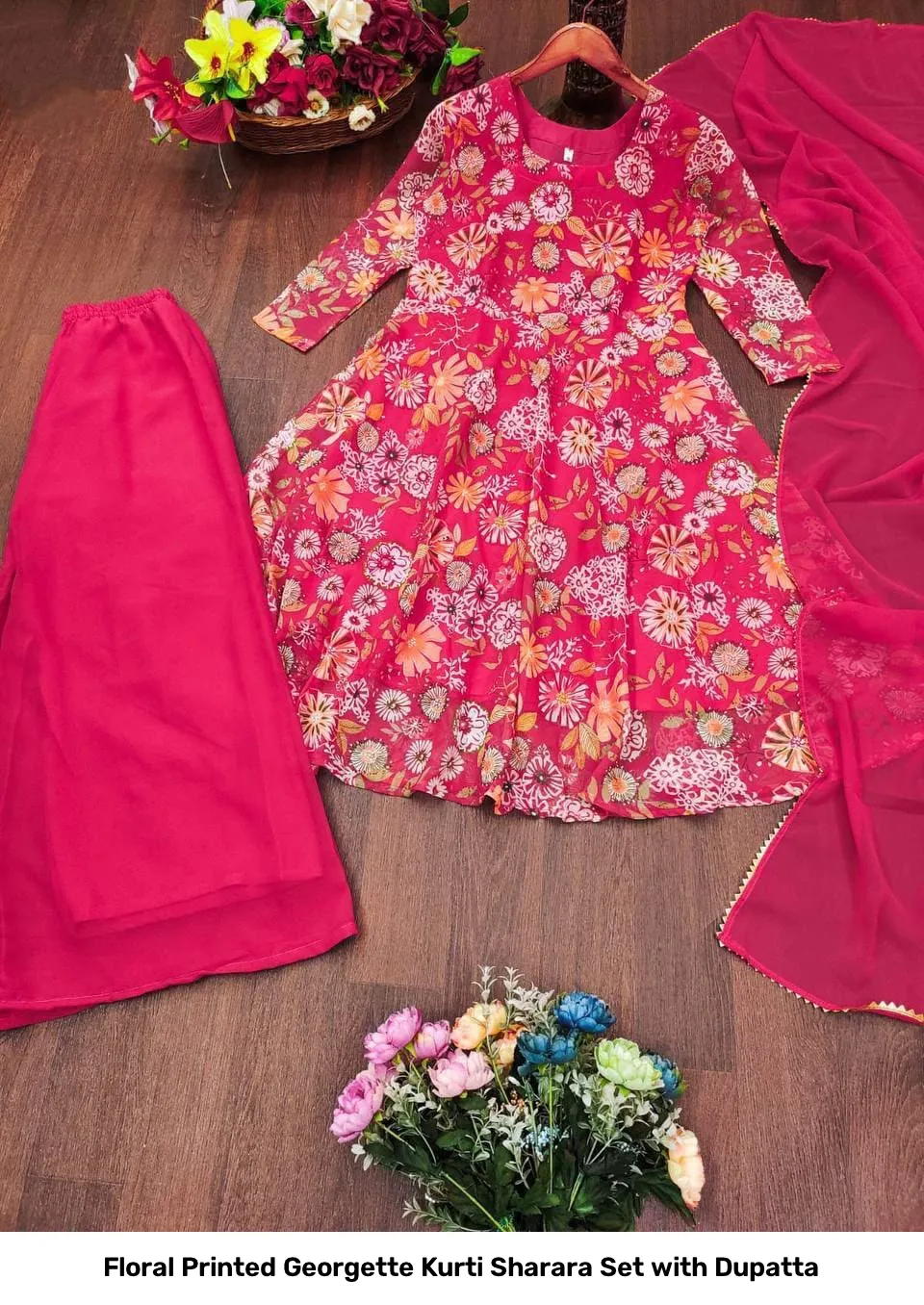 Floral Printed Georgette Kurti Sharara Set with Dupatta 7