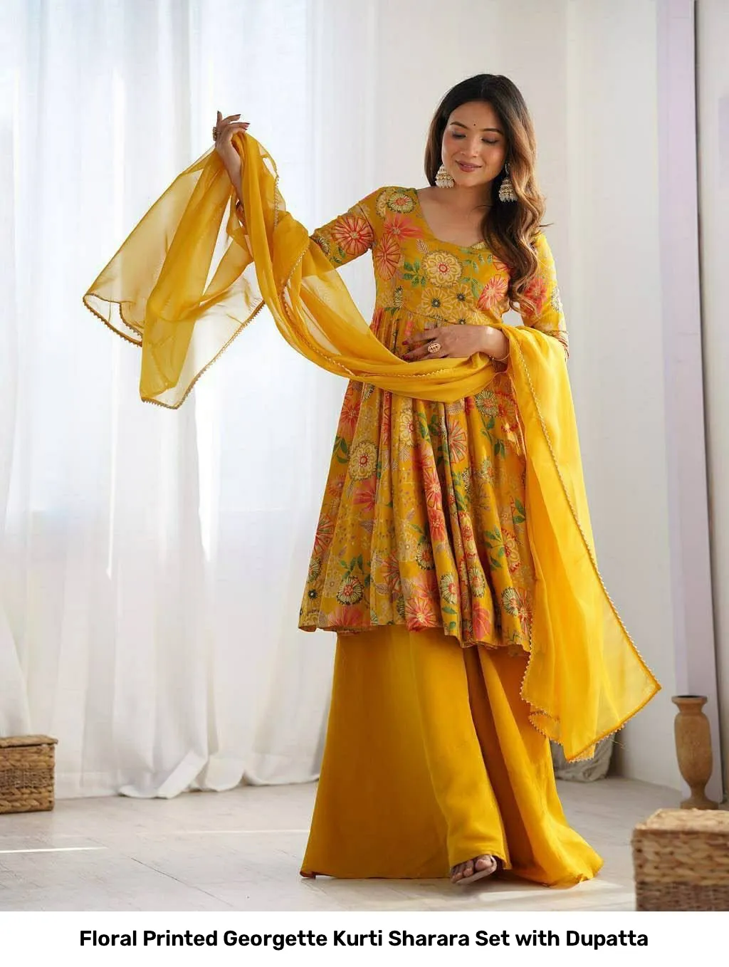 Floral Printed Georgette Kurti Sharara Set with Dupatta 8