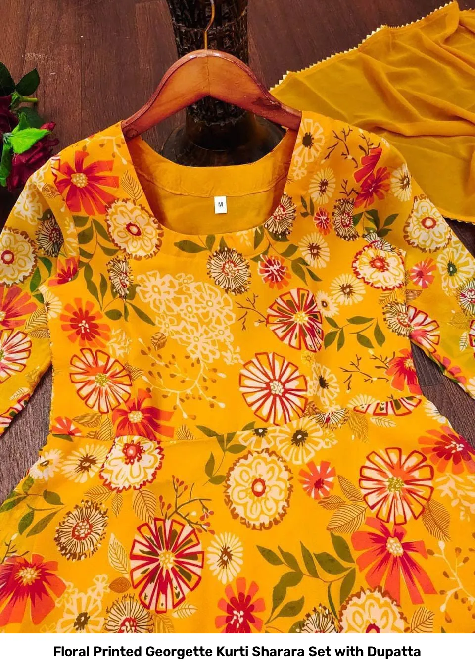 Floral Printed Georgette Kurti Sharara Set with Dupatta 9