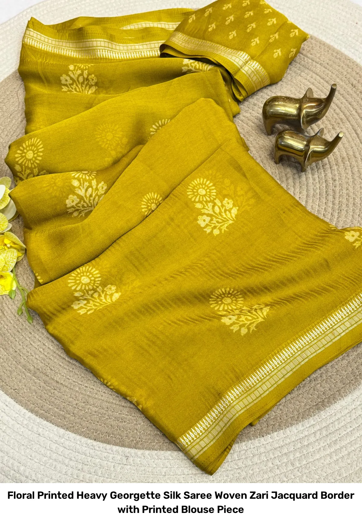Floral Printed Heavy Georgette Silk Saree – Woven Zari Jacquard Border with Printed Blouse Piece 2