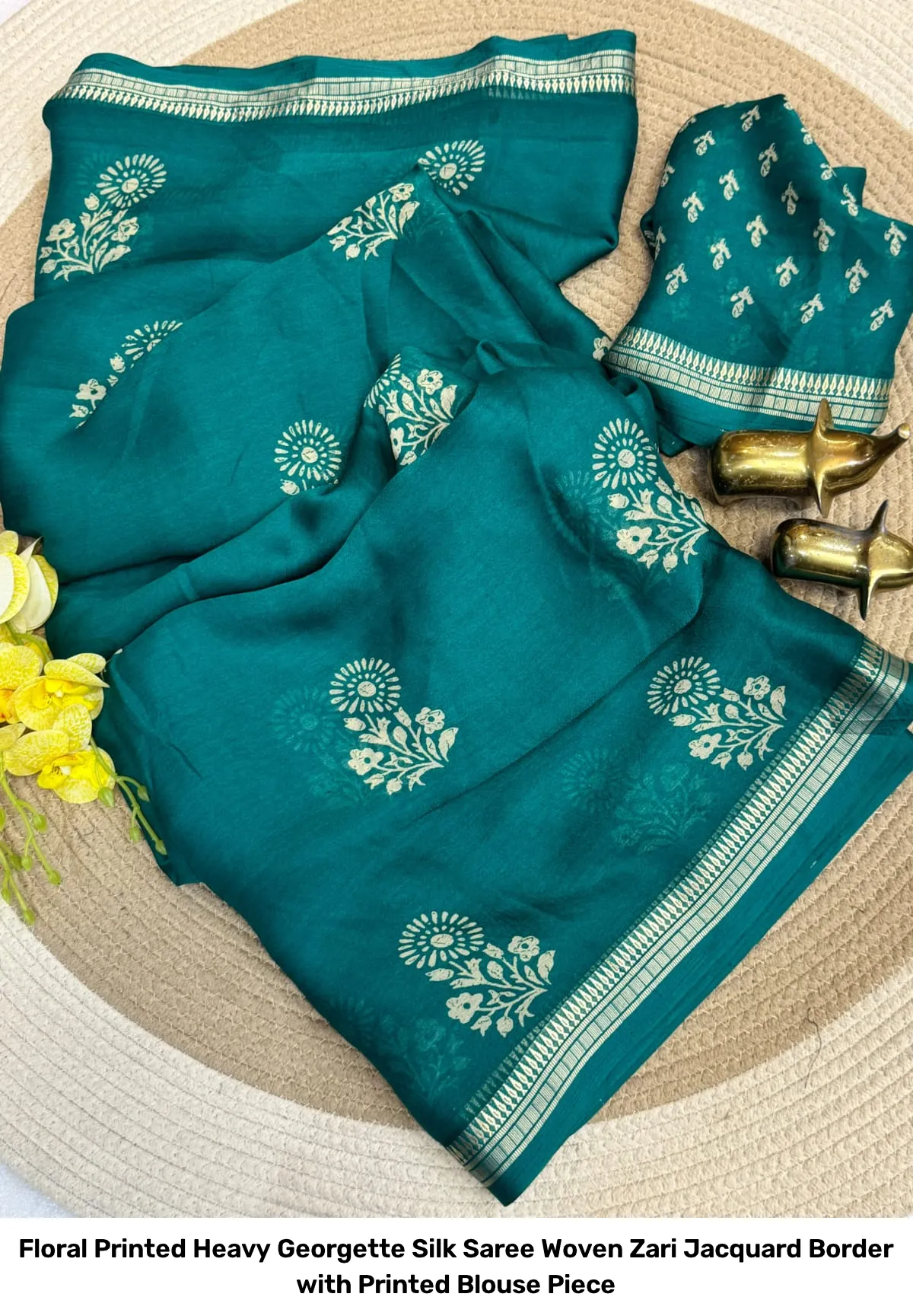 Floral Printed Heavy Georgette Silk Saree – Woven Zari Jacquard Border with Printed Blouse Piece 3