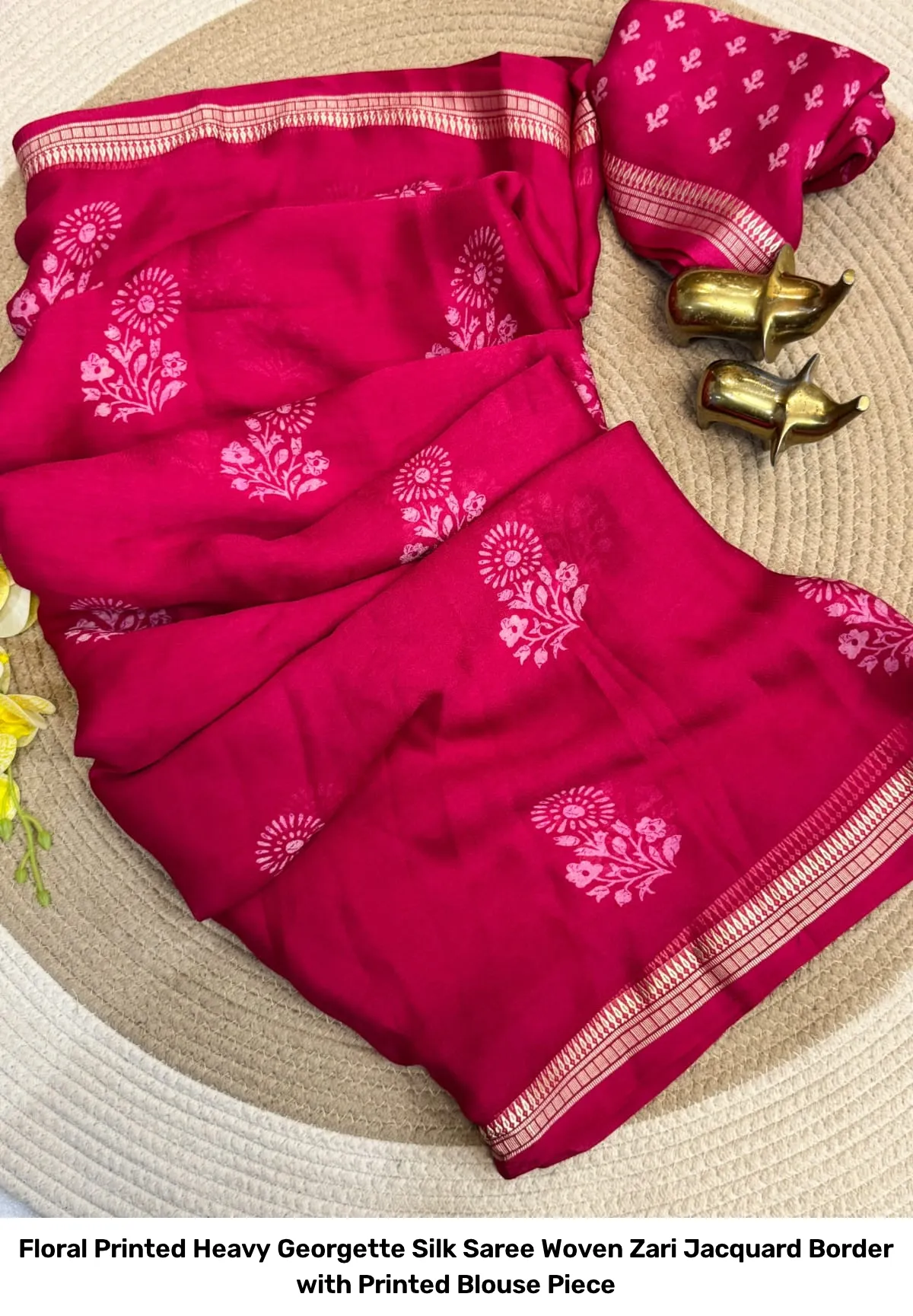 Floral Printed Heavy Georgette Silk Saree – Woven Zari Jacquard Border with Printed Blouse Piece 4