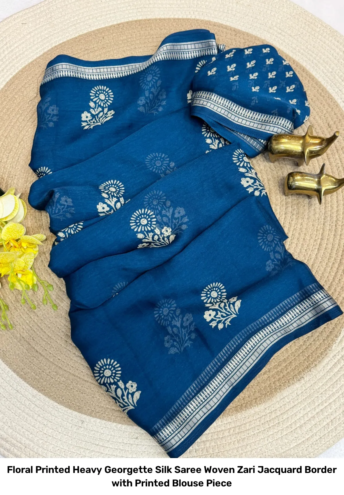 Floral Printed Heavy Georgette Silk Saree – Woven Zari Jacquard Border with Printed Blouse Piece 5