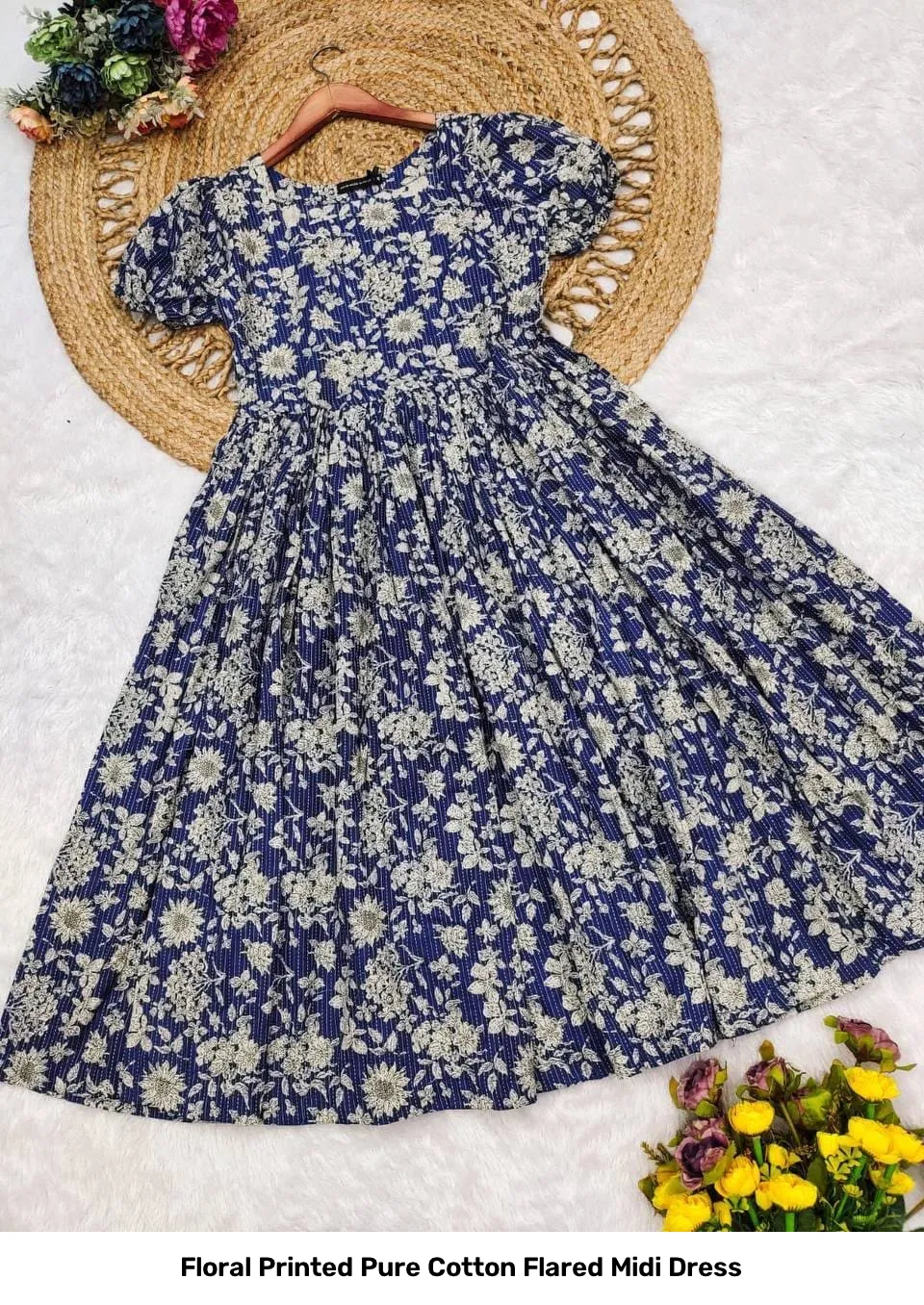 Floral Printed Pure Cotton Flared Midi Dress 10