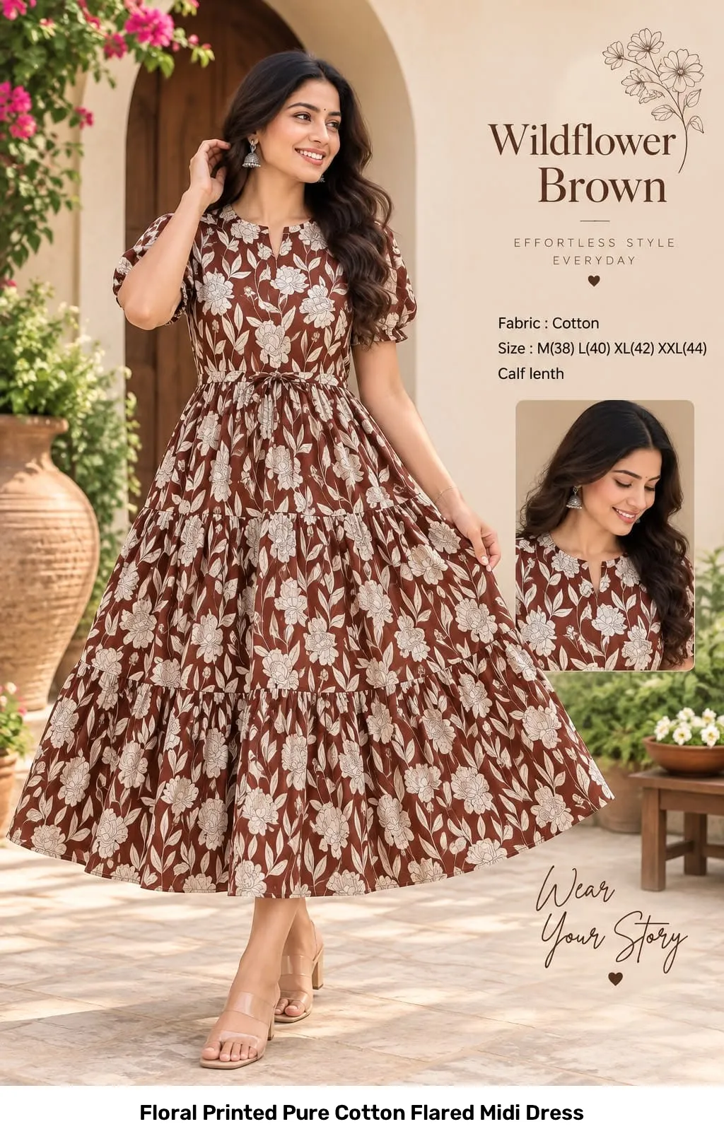 Floral Printed Pure Cotton Flared Midi Dress 12