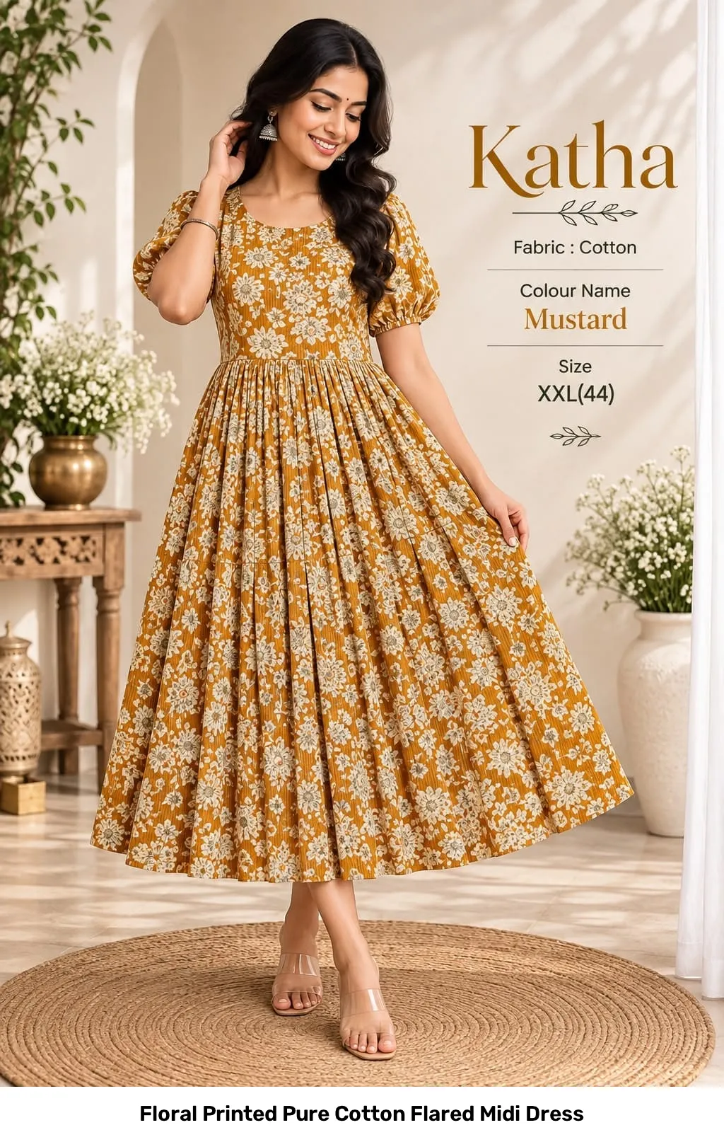Floral Printed Pure Cotton Flared Midi Dress 13