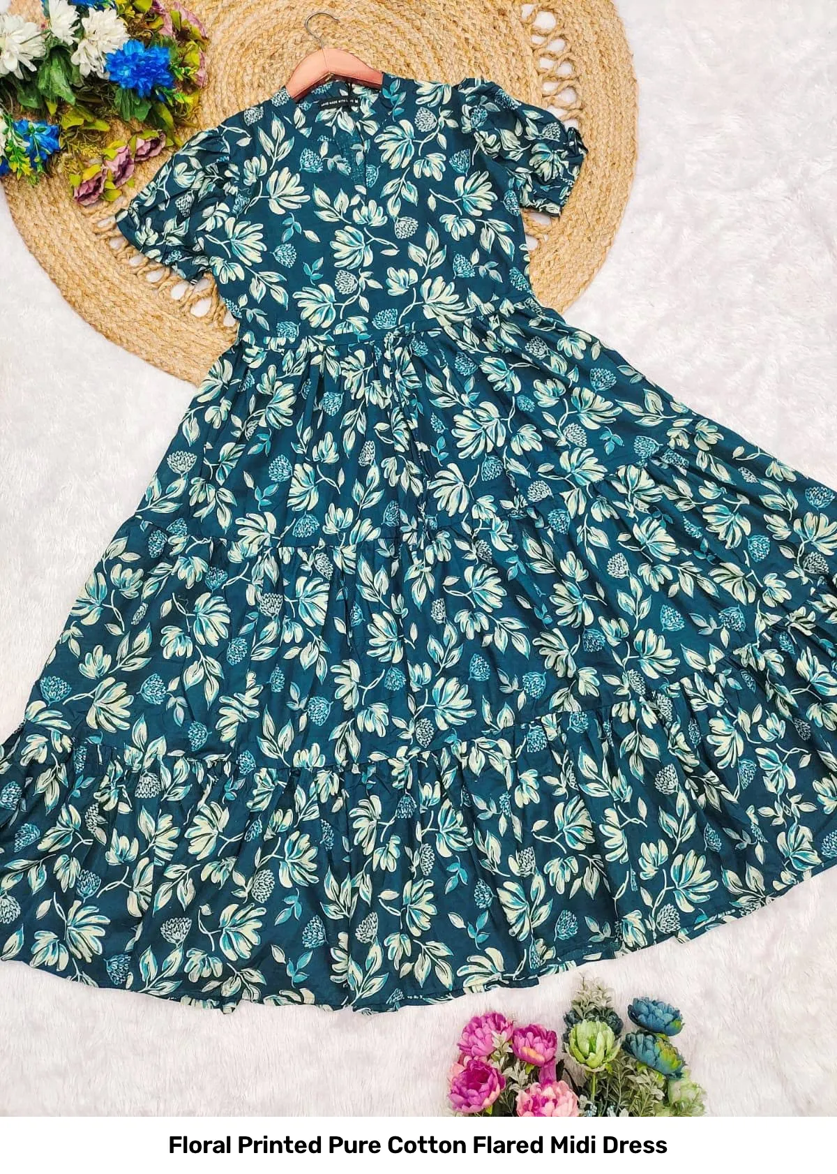 Floral Printed Pure Cotton Flared Midi Dress 14