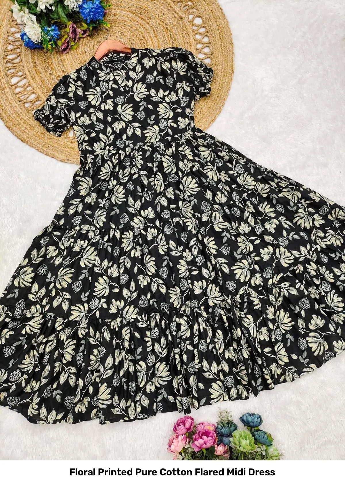 Floral Printed Pure Cotton Flared Midi Dress 17