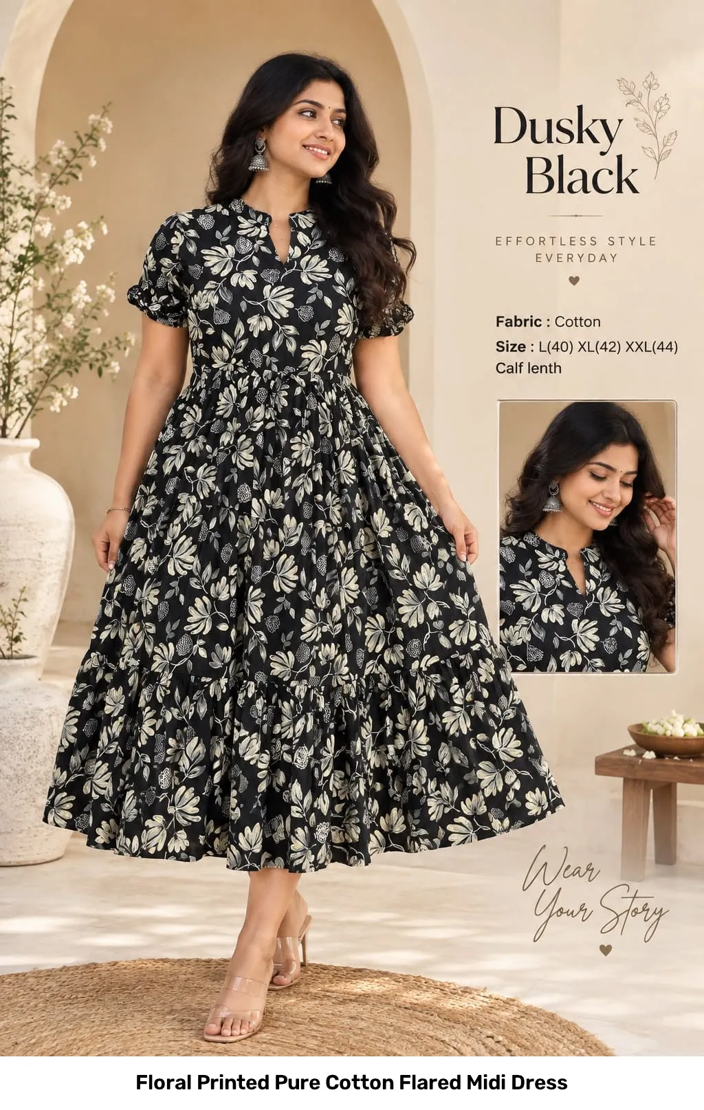 Floral Printed Pure Cotton Flared Midi Dress 4