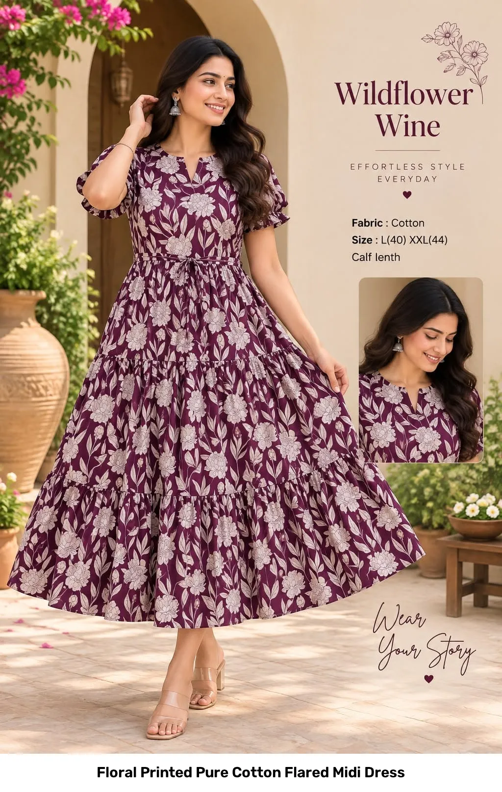 Floral Printed Pure Cotton Flared Midi Dress 6
