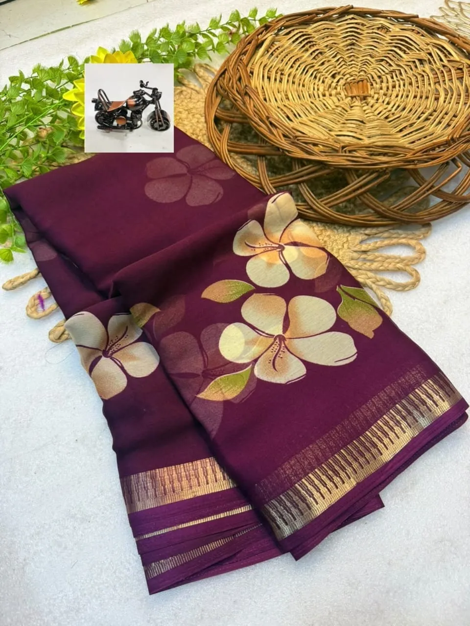 Floral Printed Soft Georgette Saree with Zari Jacquard Border | Lightweight Daily & Uniform Wear Saree