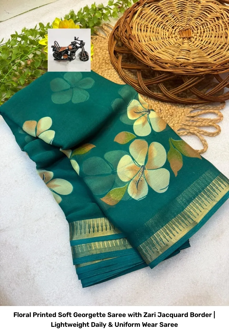 Floral Printed Soft Georgette Saree with Zari Jacquard Border | Lightweight Daily & Uniform Wear Saree 2