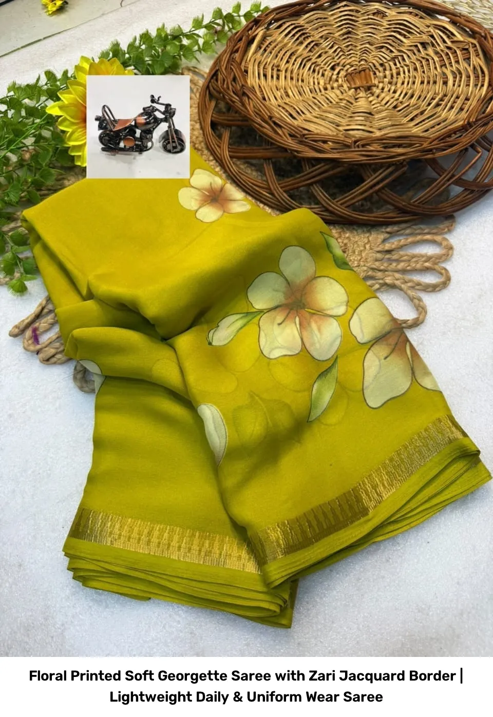 Floral Printed Soft Georgette Saree with Zari Jacquard Border | Lightweight Daily & Uniform Wear Saree 3