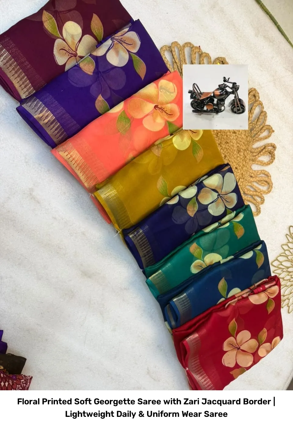 Floral Printed Soft Georgette Saree with Zari Jacquard Border | Lightweight Daily & Uniform Wear Saree 4