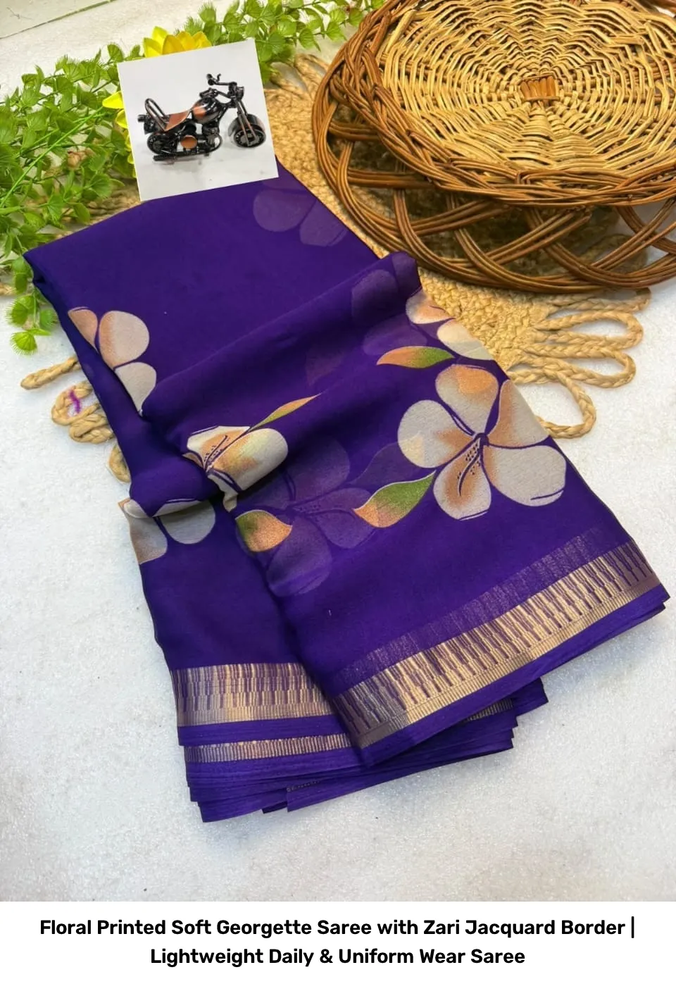 Floral Printed Soft Georgette Saree with Zari Jacquard Border | Lightweight Daily & Uniform Wear Saree 5