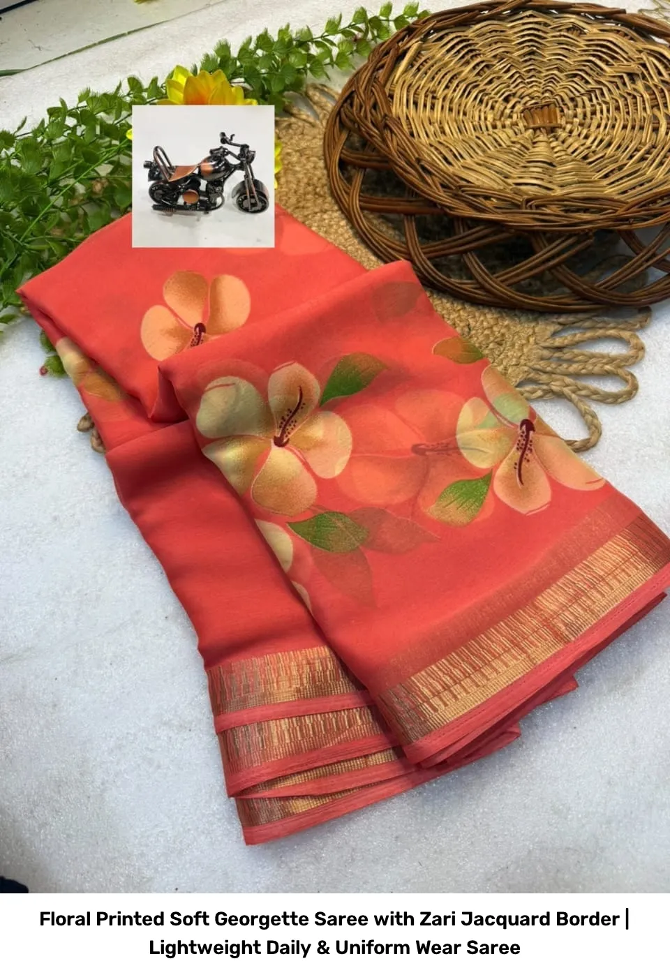 Floral Printed Soft Georgette Saree with Zari Jacquard Border | Lightweight Daily & Uniform Wear Saree 6