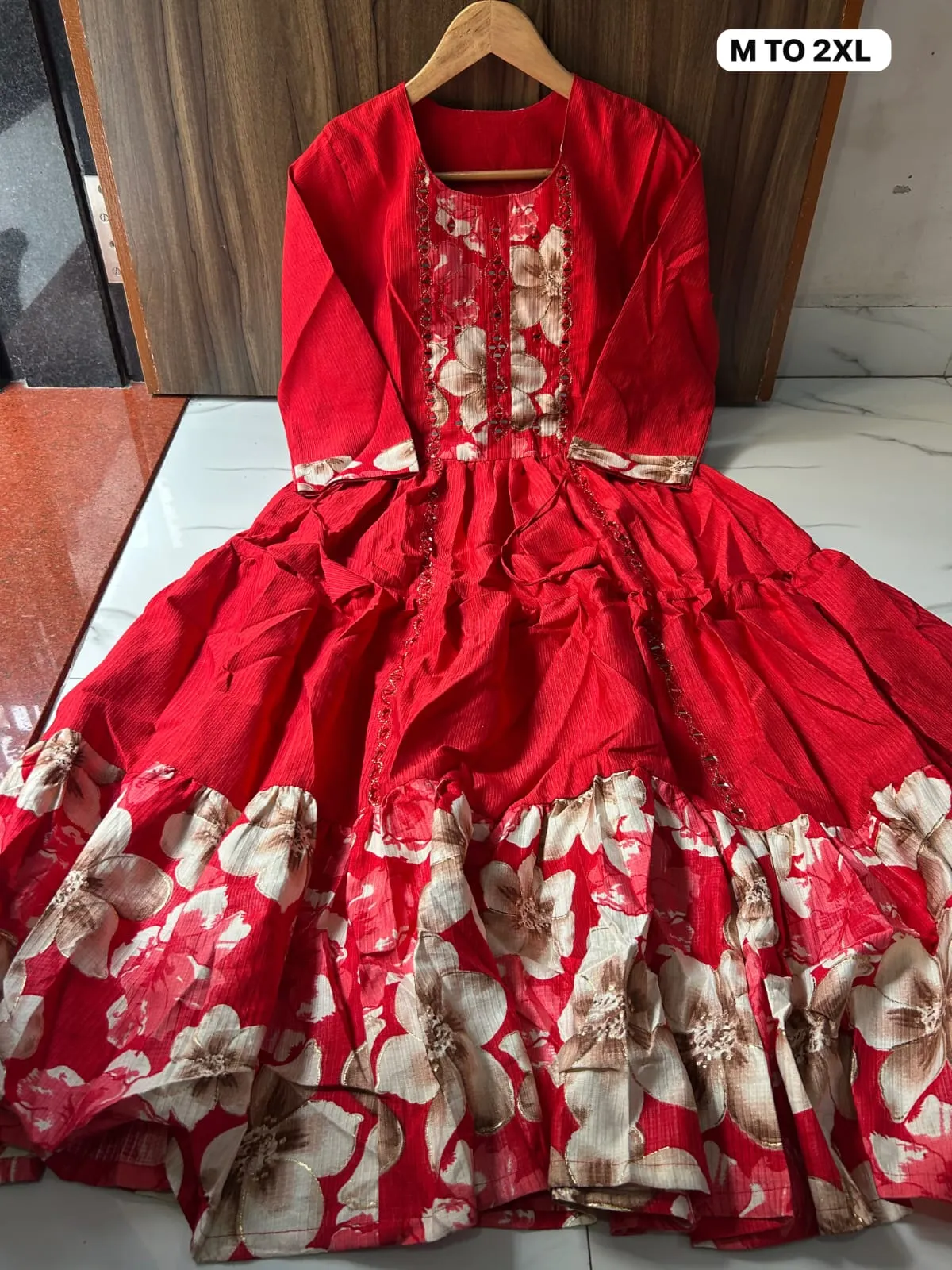 Floral Tiered Silk Midi Dress with Real Mirror Work Yoke & 4-Meter Flare (Sizes M–2XL)