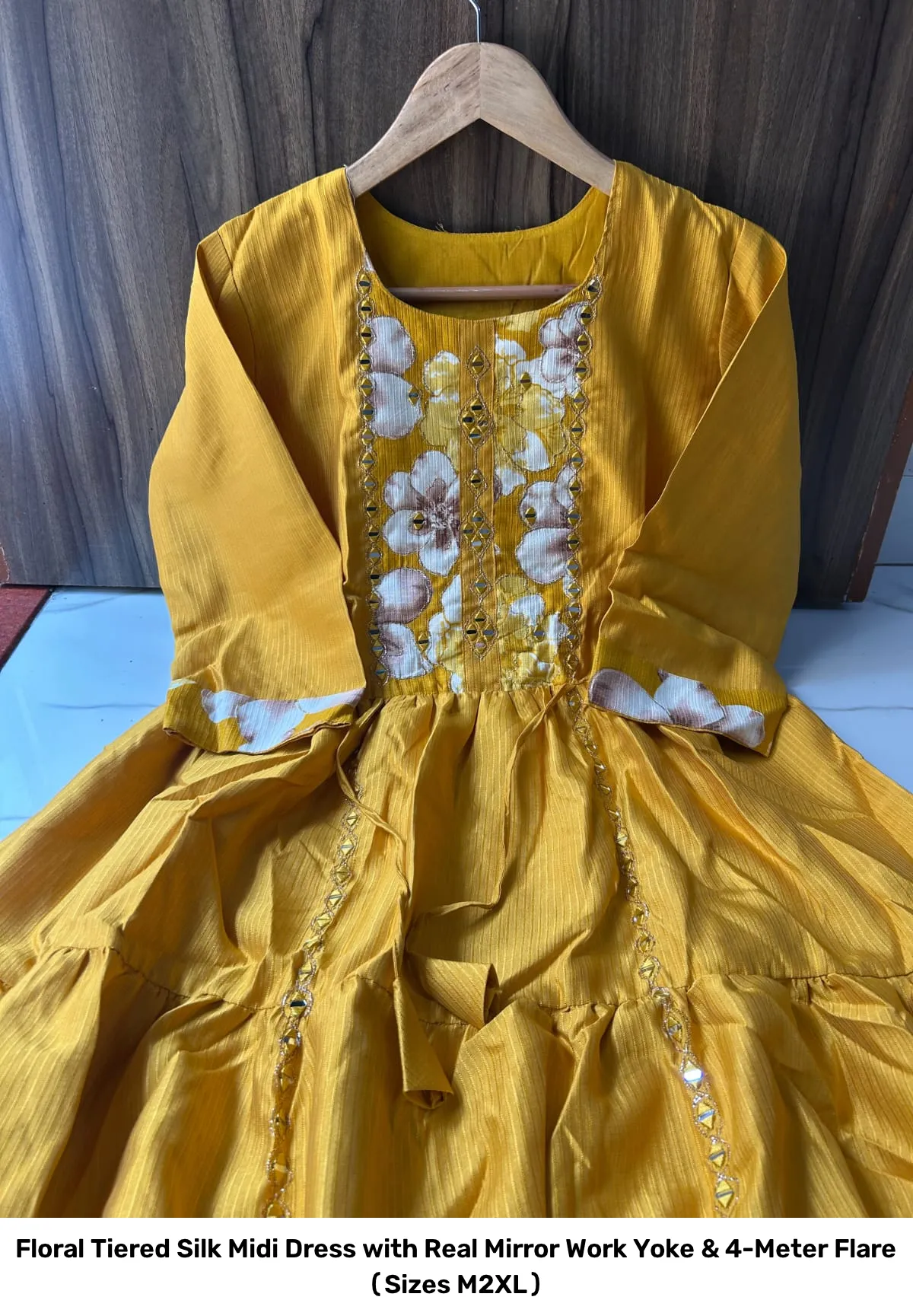 Floral Tiered Silk Midi Dress with Real Mirror Work Yoke & 4-Meter Flare (Sizes M–2XL) 10