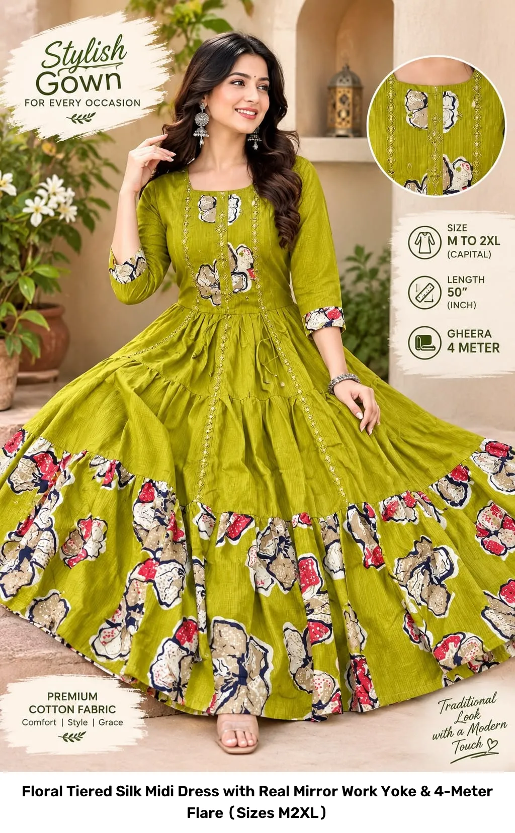 Floral Tiered Silk Midi Dress with Real Mirror Work Yoke & 4-Meter Flare (Sizes M–2XL) 11