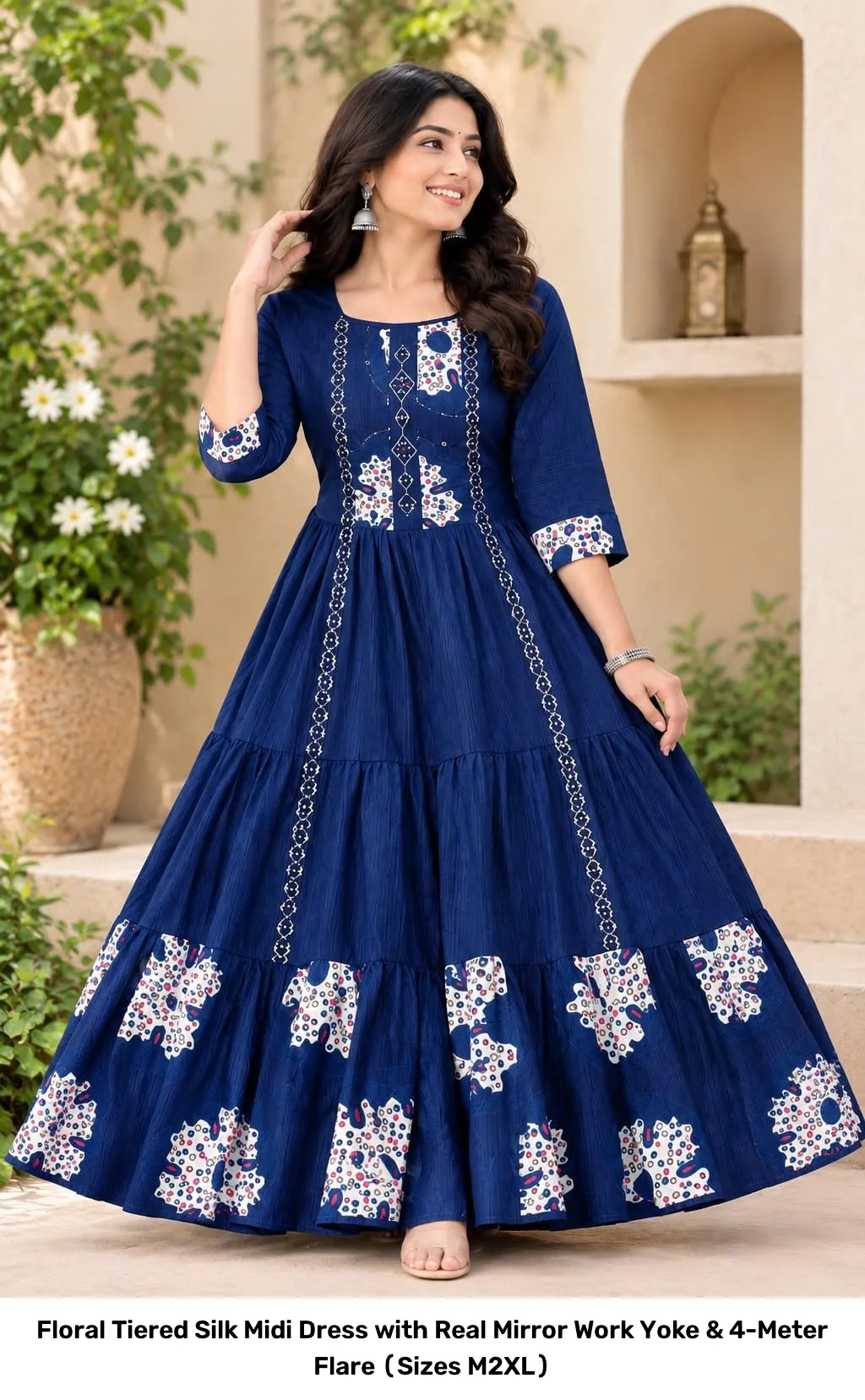 Floral Tiered Silk Midi Dress with Real Mirror Work Yoke & 4-Meter Flare (Sizes M–2XL) 12