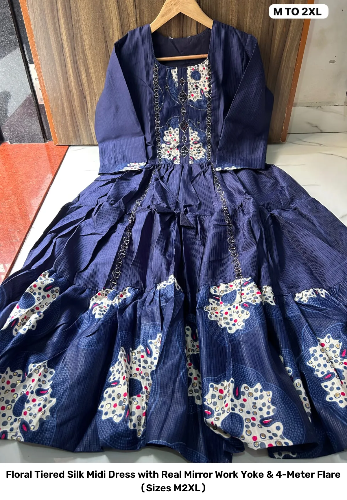 Floral Tiered Silk Midi Dress with Real Mirror Work Yoke & 4-Meter Flare (Sizes M–2XL) 13