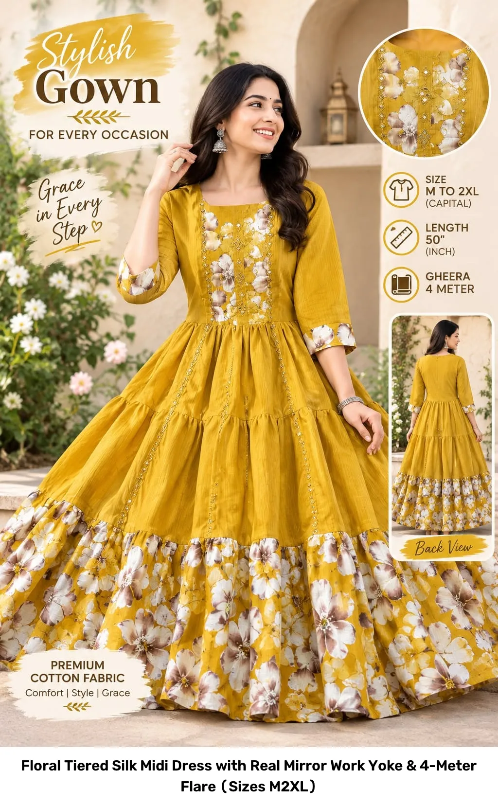 Floral Tiered Silk Midi Dress with Real Mirror Work Yoke & 4-Meter Flare (Sizes M–2XL) 2